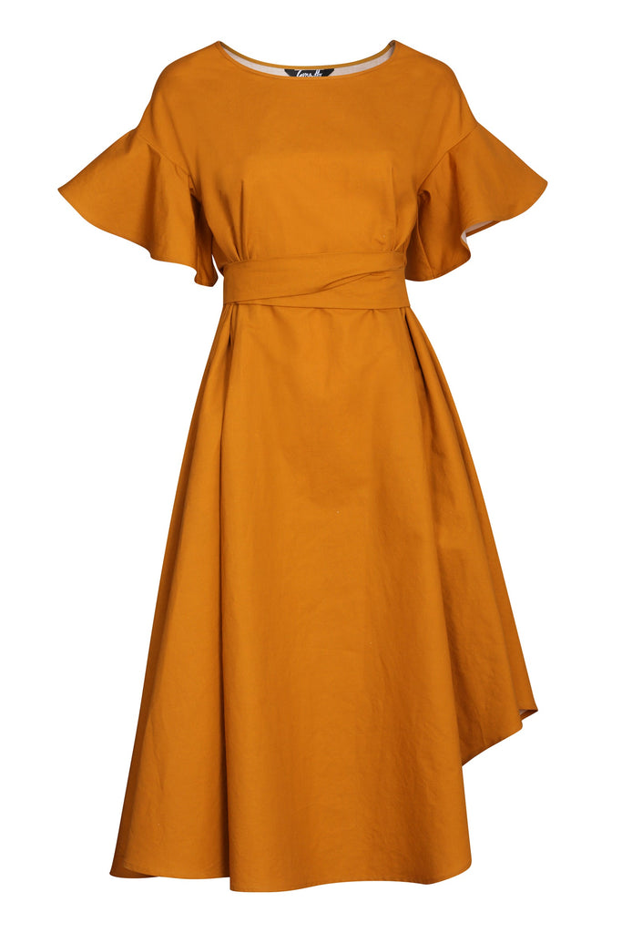 Mustard Asymmetrical Dress in Organic Cotton / Hemp - SAMPLE